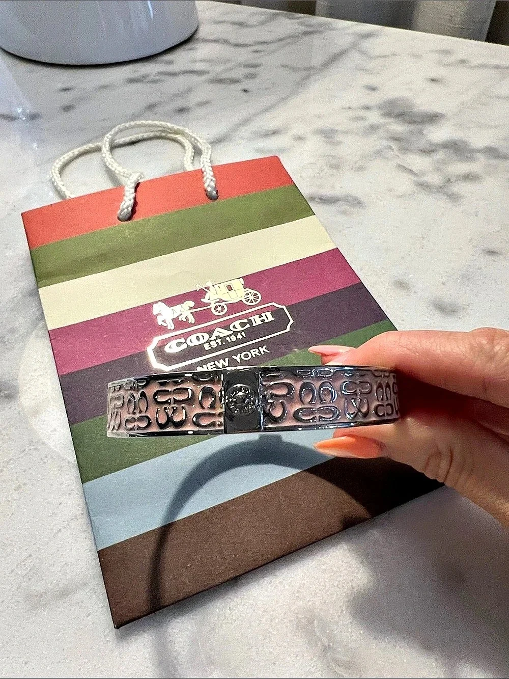 Coach Signature Enamel Bangle Bracelet Pink & Silver Like New